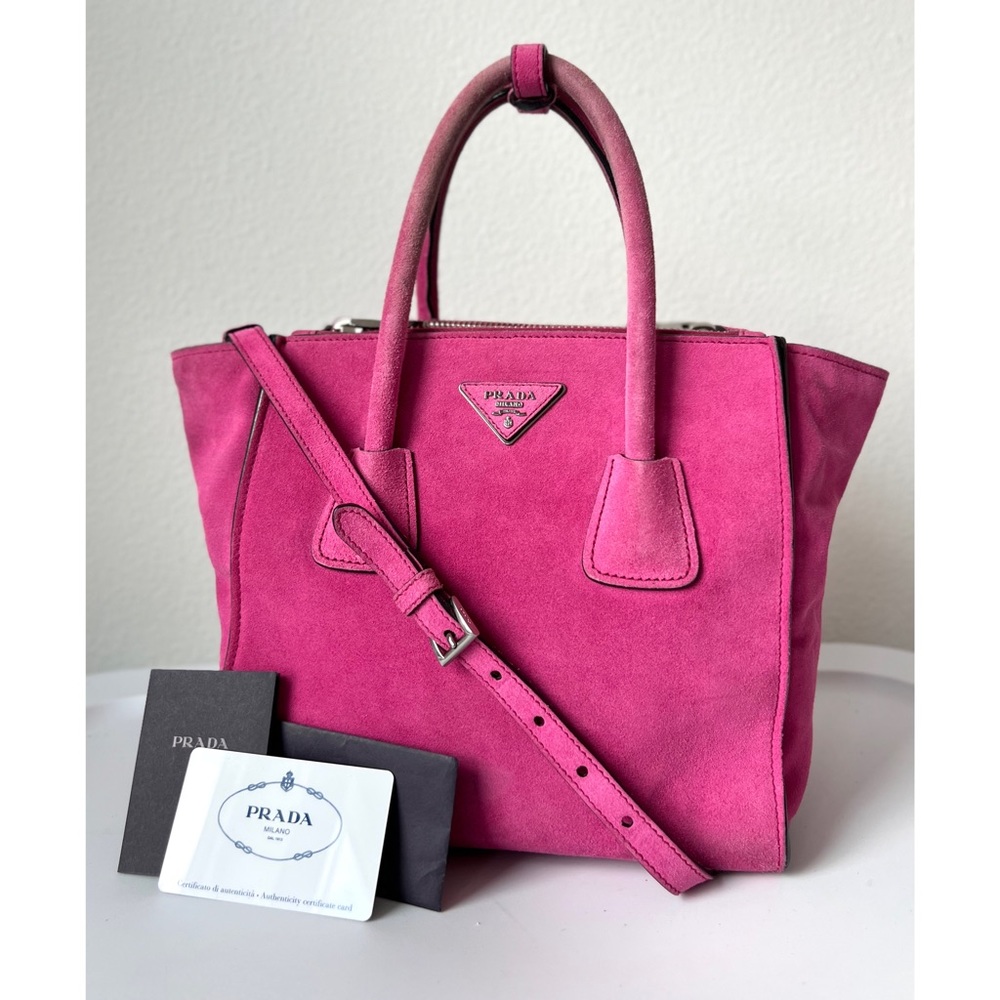 PRADA Twin Pocket 2 Way Zip Tote Pink Scamosciato Suede Convertible Bag BN2625
